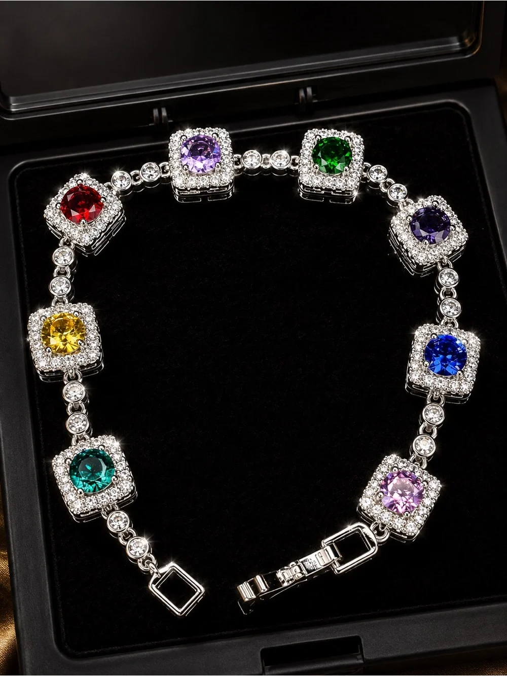 Multi-Color Square Halo Gemstone Bracelet